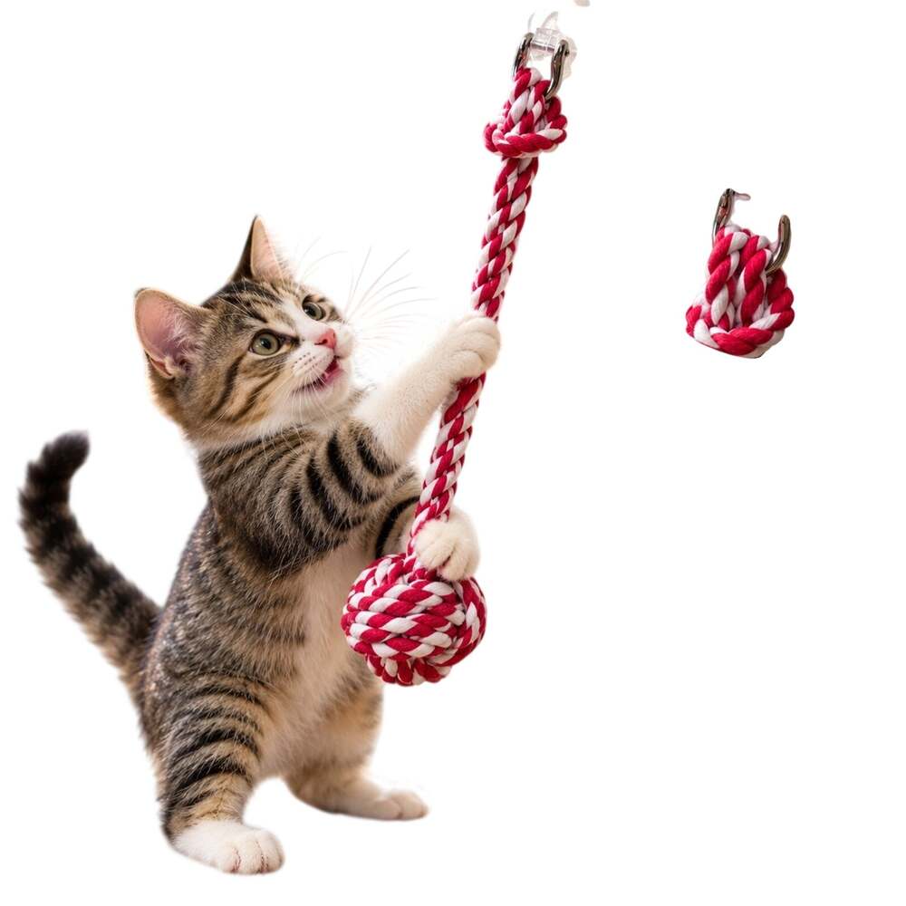 Cat Toy Suction Cup Hanging Rope Ball Interactive Tug Play Red White NEW